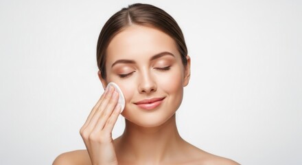 A woman with closed eyes gently cleanses her face with a cotton pad, embodying a serene skincare routine