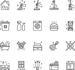 Collection of house cleaning and sanitation line icons. Clean vector symbol bundle