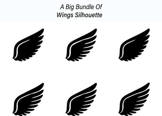Collection of Six Stylized Wings in Black Silhouette Against a White Background silhouette This image