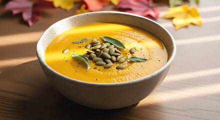 Warm and comforting bowl of creamy butternut squash soup topped with pumpkin seeds and herbs