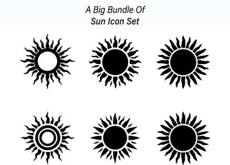 Collection of Six Unique Sun Icons in Black Silhouette Style on White Background silhouette set
