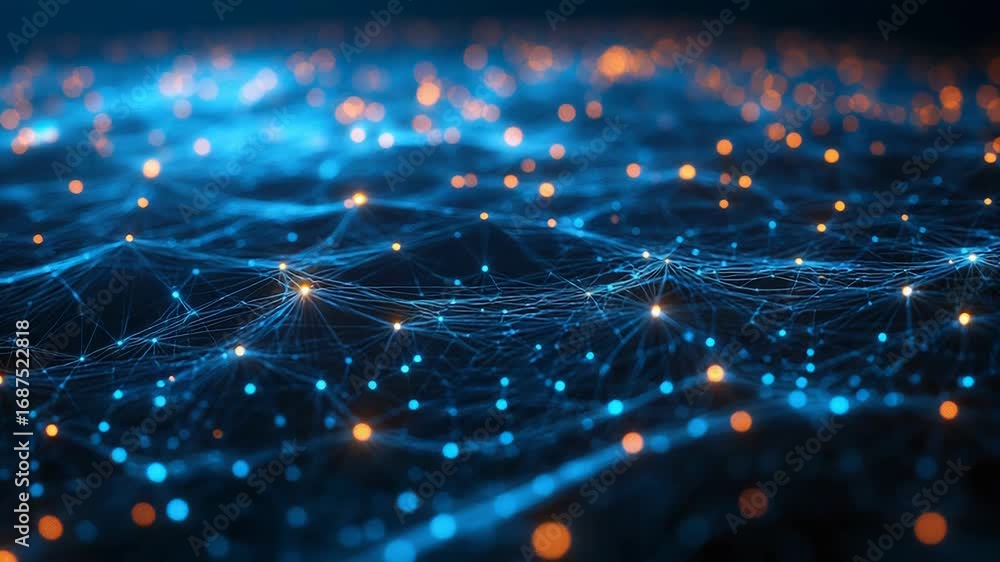 Aufkleber abstract futuristic blue and orange plexus network connecting dots and lines