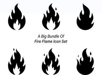Collection of Six Fire Flame Icons in Black Silhouette Style on White Background silhouette set
