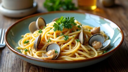 A delicious-looking plate of spaghetti alle vongole (spaghetti with clams)