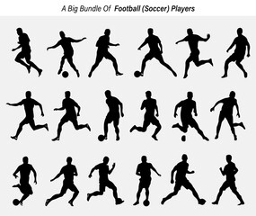 Collection of Football Players in Various Poses Black Silhouettes on White Background silhouette set soccer