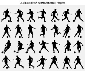 Collection of Football Players in Various Poses Black Silhouettes on White Background silhouette set soccer