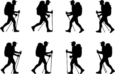 Obraz premium Mountain Tree and Silhouette Collection of Hikers with Backpacks and Trekking Poles