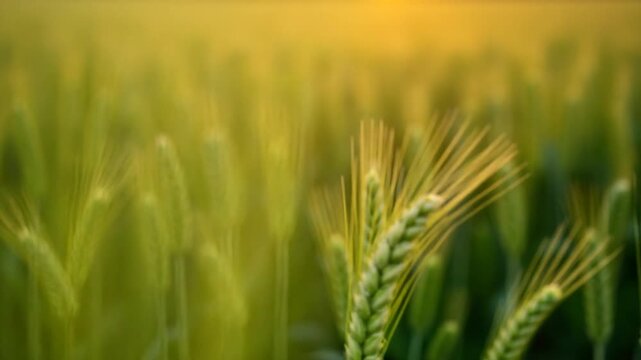 Aerial view on green wheat field in countryside. Field of wheat blowing in the wind on sunset. Young and green Spikelets. Ears of barley crop in nature. Agronomy, industry and food production.