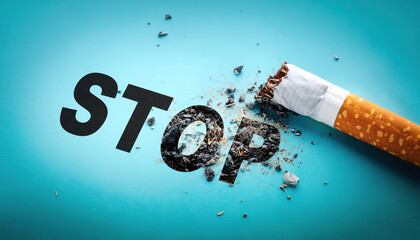 Broken Cigarette on Black Surface with 'STOP' Sign, Symbolizing Anti-Smoking Campaign and Health Awareness. The importance of health and the detrimental effects of tobacco use