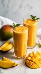 Refreshing mango smoothie served in tall glasses garnished with mint leaves and fresh mango slices