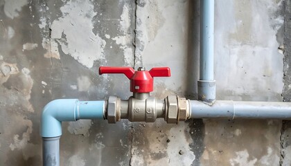 Plumbing pipes connected to a valve against a weathered concrete wall
