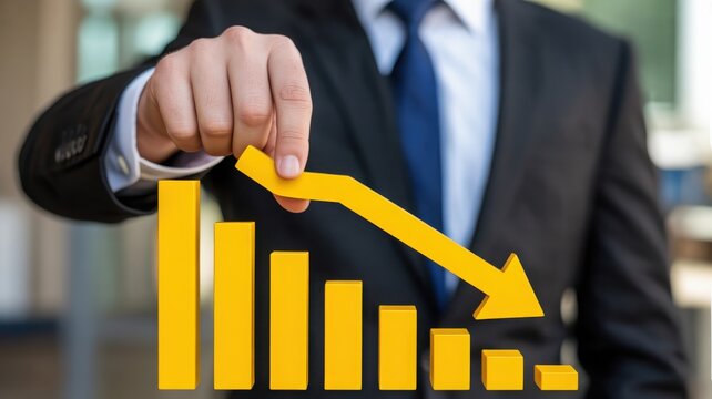 Businessman manipulating downward trend graph indicating financial decline and economic recession