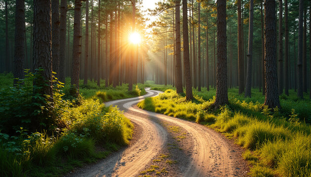 Winding dirt road through a sunlit pine forest pine trees