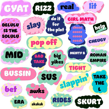Gen X collection of slang words used by teens and tweens on a tranparent background