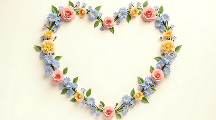 Obraz premium Delicate heart shaped floral wreath composed of soft pink roses blue delphiniums and yellow blossoms on a light background