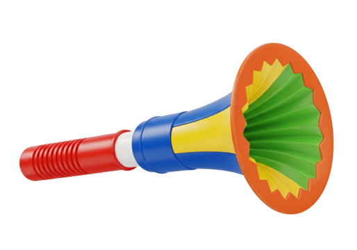 Colorful toy horn features vibrant red, blue, yellow, and green stripes, creating a playful and cheerful image.