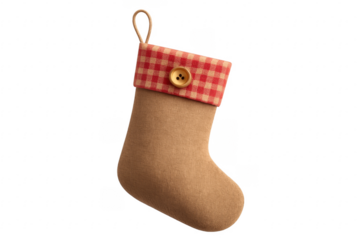 Christmas stocking with red and beige gingham cuff hanging on transparent background