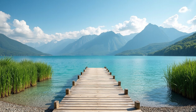 Wooden pier on a turquoise lake with mountains dock