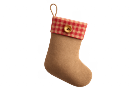 Christmas stocking with red and beige gingham cuff hanging on transparent background