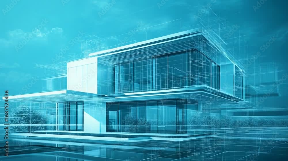 Poster modern house project showing wireframe and blueprint overlaying the building