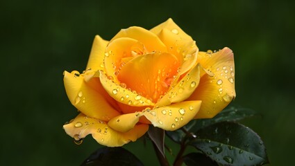 A close up of a yellow rose with water droplets on the petals in soft focus background