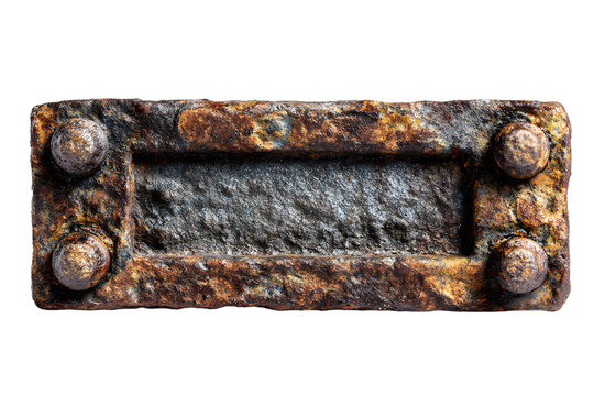 Blank rusty metal sign with rivets isolated on transarent background, showing ge and wear, perfect for ading custom text or graphis