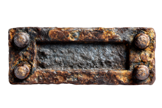 Blank rusty metal sign with rivets isolated on transarent background, showing ge and wear, perfect for ading custom text or graphis