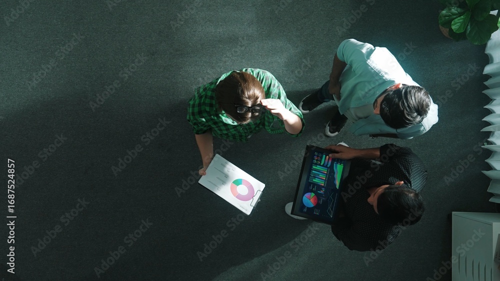 Poster top down view of business woman walking and presenting business plan by using graph to smart team wh