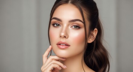 Fototapeta premium A beautiful woman with perfect makeup and glowing skin touches her chin gently