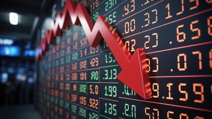 Red downward arrow on digital stock market ticker display showing financial decline
