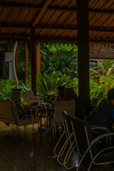 People enjoying relaxing time at cafe, outdoor dining with lush greenery backdrop