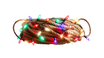 Christmas light wrapped around roll of rope festive holiday decoration glowing seasonal ornament design isolated on white background