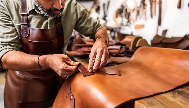 Traditional Artisan Skillfully Working on Leather Piece Using Hand Tools in a Rustic Workshop Setting - Powered by Adobe