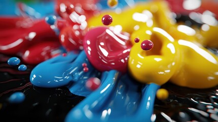 Colorful paint splashes and droplets in vibrant red, blue, and yellow, creating an abstract artistic effect.