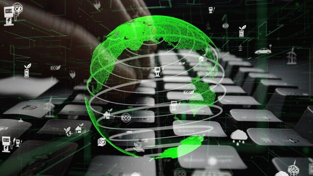 A striking illustration showcasing a digital green globe over a keyboard, symbolizing sustainable technology and innovation in an interconnected, eco-friendly world. Xenic - Powered by Adobe