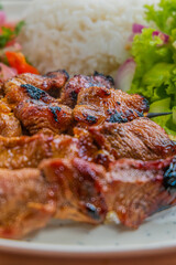 Delicious grilled meat with rice and fresh vegetables, a flavorful culinary delight