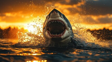 Great white shark breaching the water at sunset, jaws agape, dramatic splash.