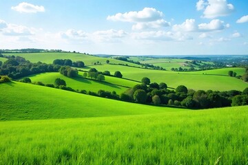 Obraz premium Close-up of pristine, unblemished English countryside; rolling green hills, lush pastures, and a clear blue sky Perfect for travel, nature, or rural themes , pasture, picturesque, farm