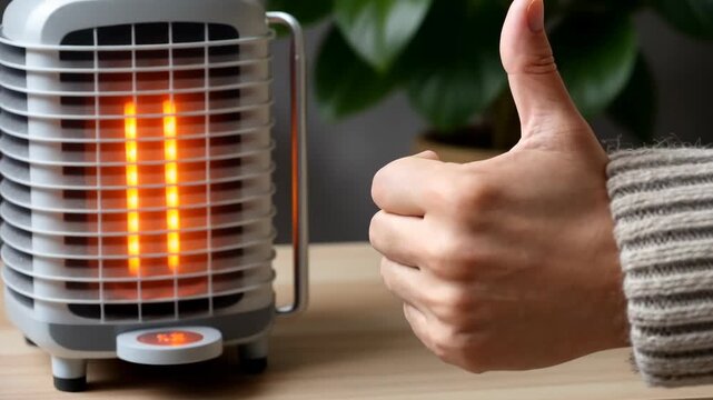 Demonstration of a heating device with glowing elements and a satisfied thumb up gesture showcasing effectiveness in a cozy indoor setting