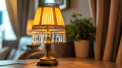 Close-up photo ornate vintage table lamp wooden surface detailed lighting