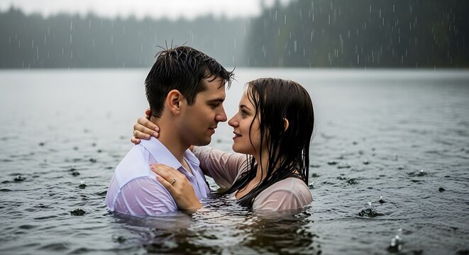 Couple embracing with rain, lake, and romance. - Powered by Adobe