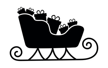 Christmas sleigh silhouette with gift boxes. Festive holiday decoration, Santa sleigh symbol, winter celebration design, New Year element, traditional seasonal illustration.