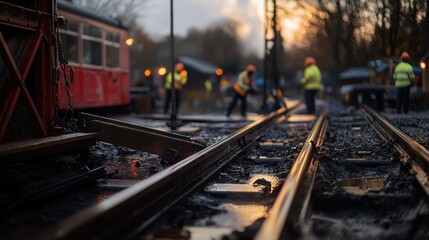 Obraz premium Railway tracks undergoing maintenance, with workers visible in the background, near a vintage tram.