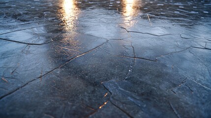 Close-up view of cracked ice with light reflections, showing intricate patterns and textures on a frozen surface.