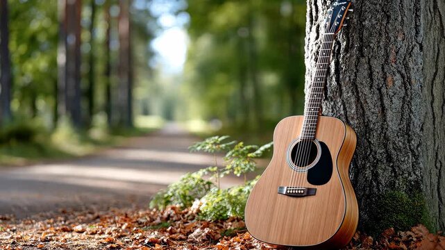 Beautiful acoustic guitar resting against a tree in a serene forest path with colorful autumn leaves around it