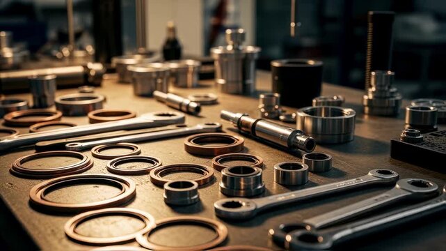 Workbench cluttered with cryopump rotor parts copper seal rings and torque wrenches used in precision vacuum pump fabrication.