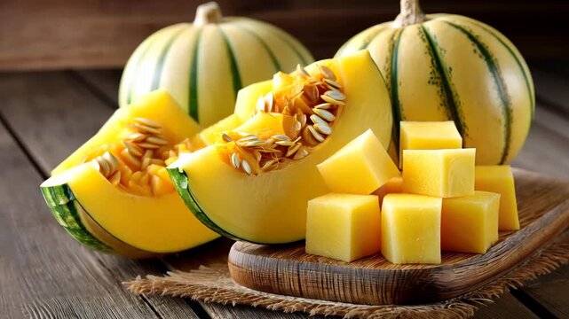 Yellow melon slices and cubes arranged on a wooden board with fresh whole melons in the background