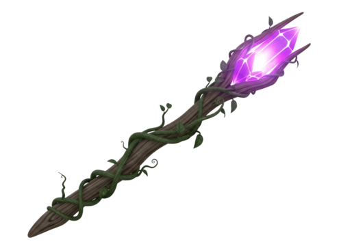 A glowing, vibrant purple crystal is nestled within a wooden staff intricately adorned with vines and leaves, creating a magical and mystical enchanted object. - Powered by Adobe