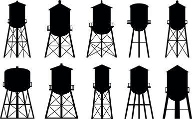 Collection of scalable vector illustrations of traditional water towers for industrial and rural scenes