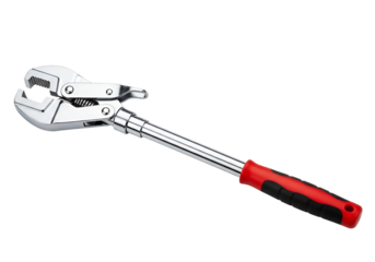 A chrome-plated adjustable wrench with a bright red and black handle is presented against a dark background.
